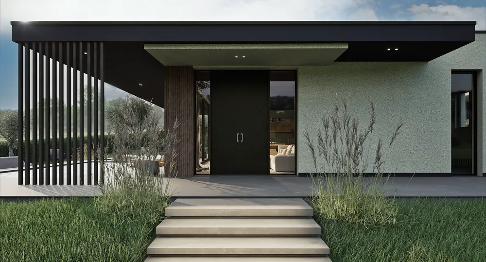 Render fotorealistico esterno: Casa con frangisole, ingresso