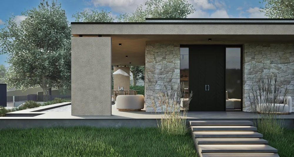 Render fotorealistico esterno: Casa in pietra, ingresso