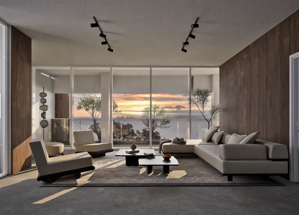 Render fotorealistico interno: Green Horizon, living