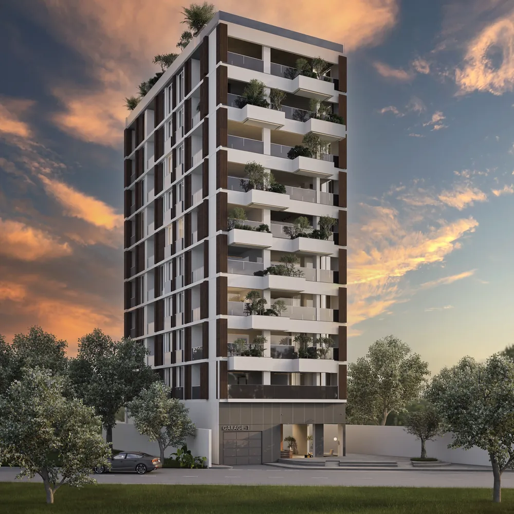 Render fotorealistico esterno: Green Horizon, torre residenziale al tramonto