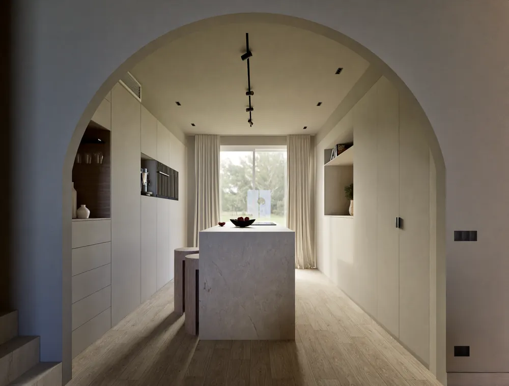 Render fotorealistico interno: Interno residenziale, cucina con arco