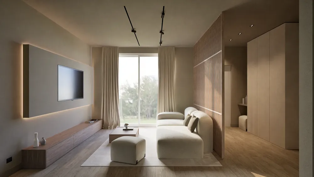 Render fotorealistico interno: Interno residenziale, living