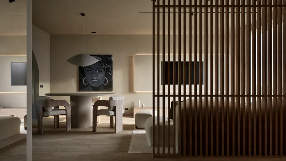 Render fotorealistico interno: Interno residenziale, zona pranzo