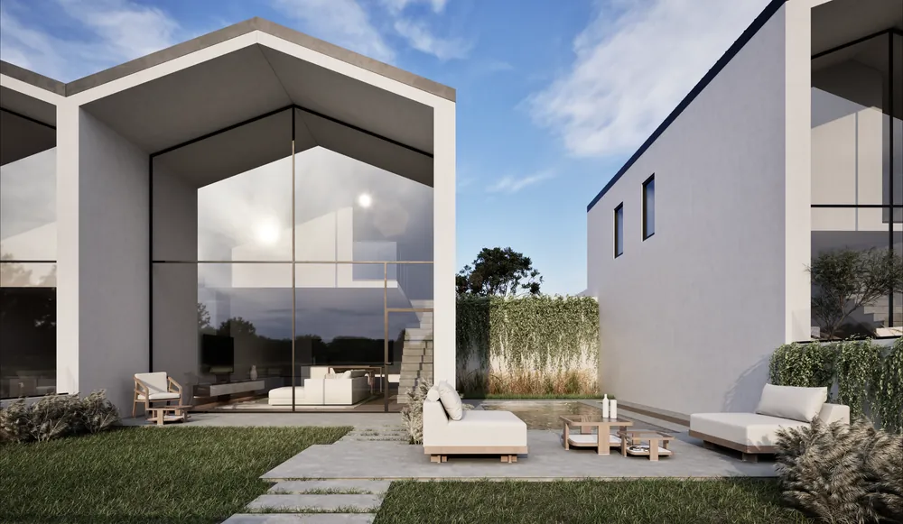 Render fotorealistico esterno: Tiny Houses, corte privata