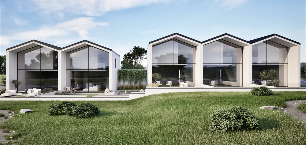 Render fotorealistico esterno: Tiny Houses, fronte giardino