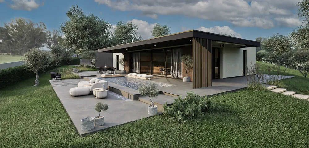 Render fotorealistico esterno: Villa con piscina, esterno diurno