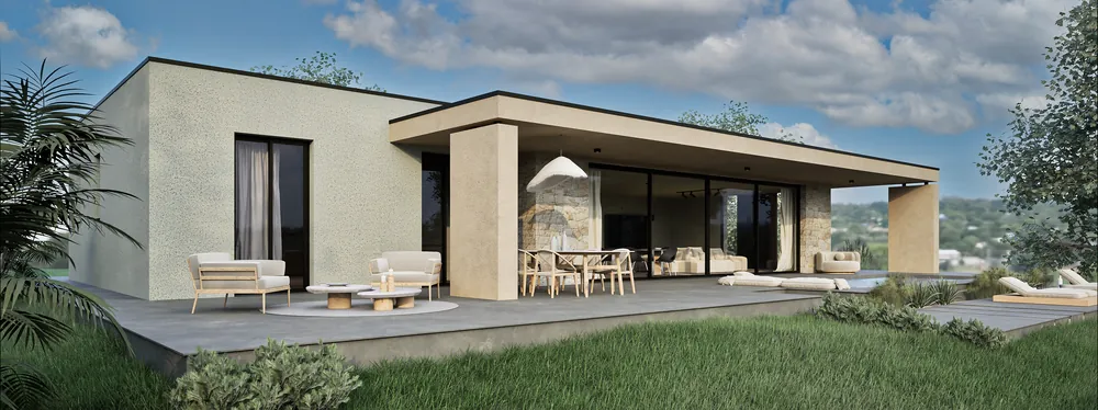 Render fotorealistico esterno: Villa con portico, portico e terrazza