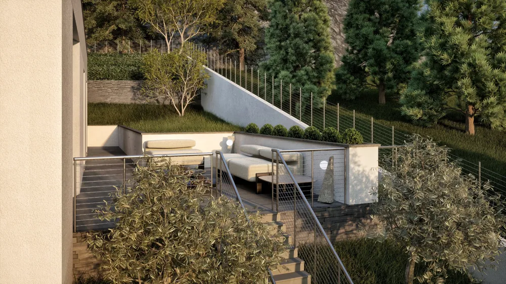 Render fotorealistico esterno: Villa unifamiliare, giardino terrazzato