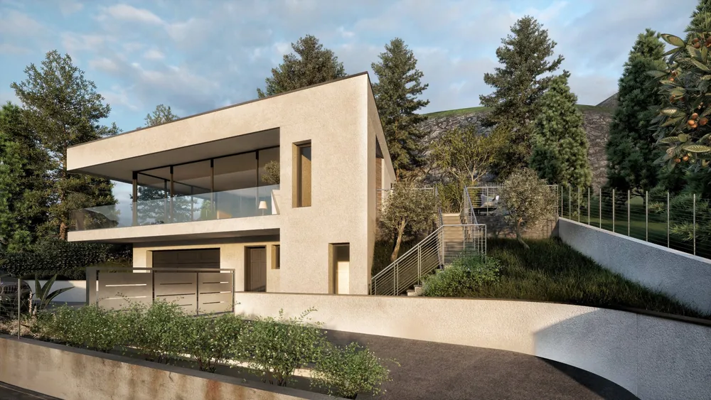 Render fotorealistico esterno: Villa unifamiliare, vista d’angolo