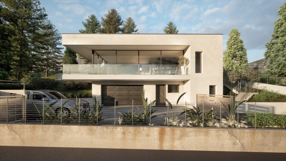 Render fotorealistico esterno: Villa unifamiliare, vista frontale